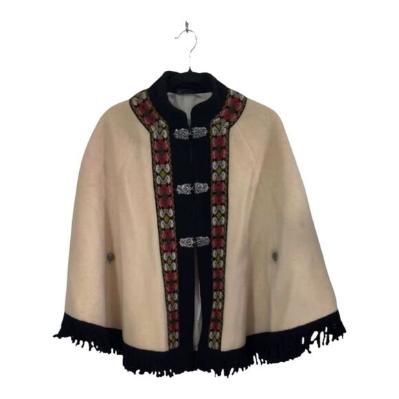 Vintage Fjord Norway AS Evebososs Wool Elegant Cream Black Cape Fringe Sz 38/SM - Picture 1 of 9